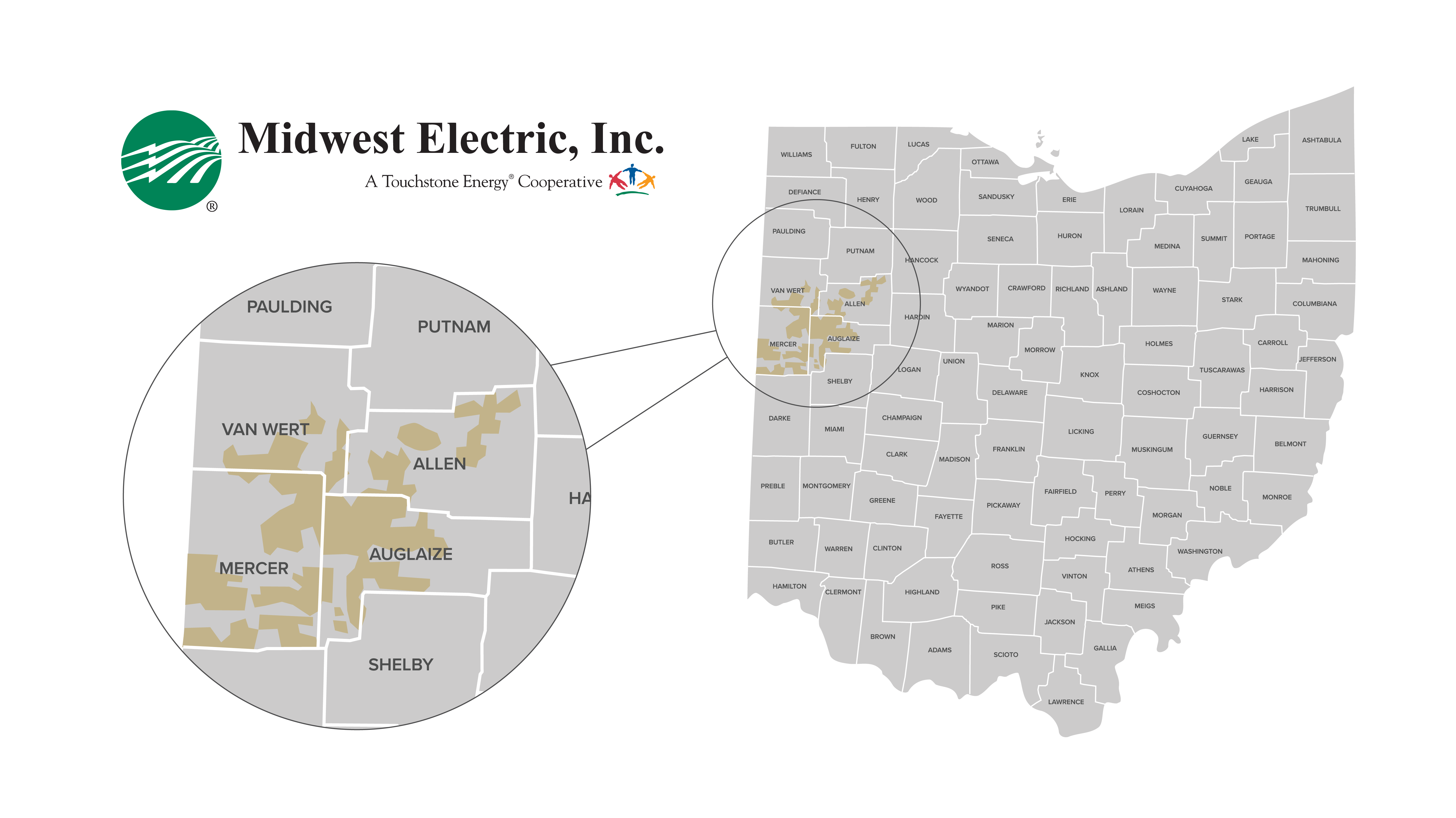 A map of Midwest Electric, Inc.'s service territory in Ohio